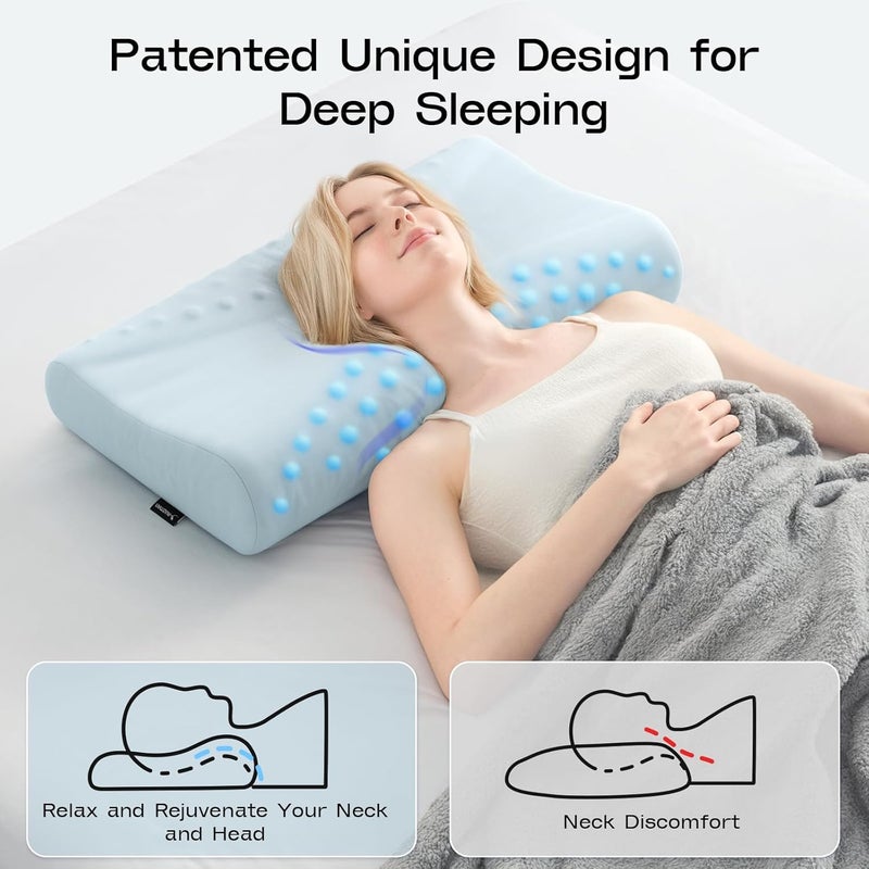 Ruizman Memory Foam Contour Pillow - Cooling Cervical Neck Pillow for Sleeping - Patented Ergonomic 2 Heights Design Contour Pillow for Side Back Stomach Sleepers (Light Blue) - Image 4